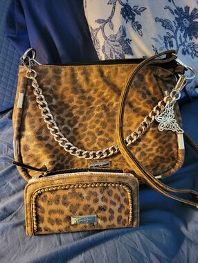 Jessica Simpson Leopard Print Shoulder Bag with Matching Wallet - Brown & Gold